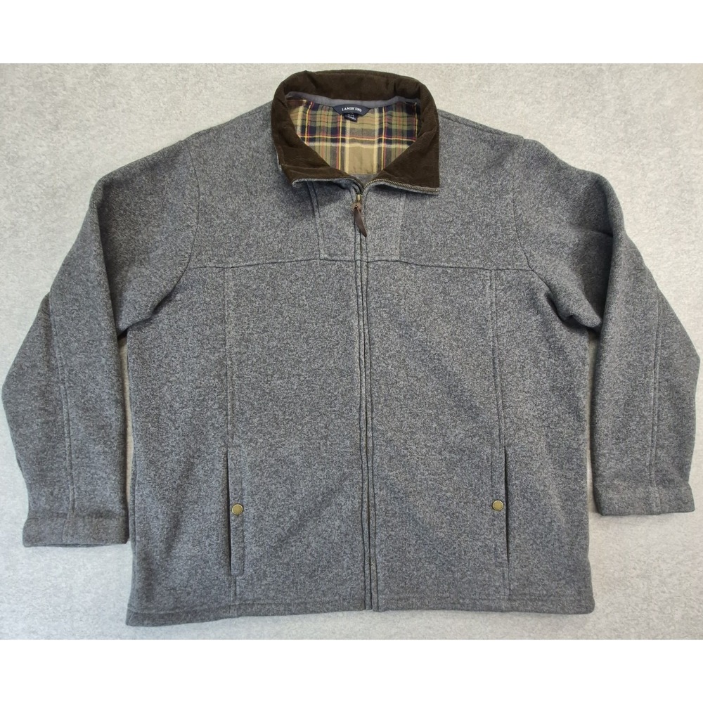Lands End Bomber Jacket Mens XL Grey Full Zip Quilted Plaid Lined Harrington
